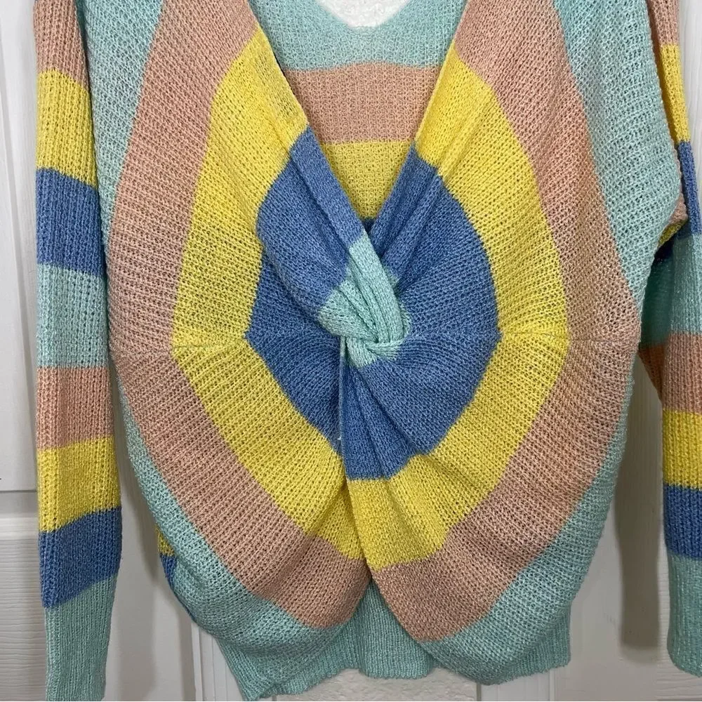 Gilli Sweater Pastel Rainbow Striped Twist Front Drop Shoulder Acrylic Size L